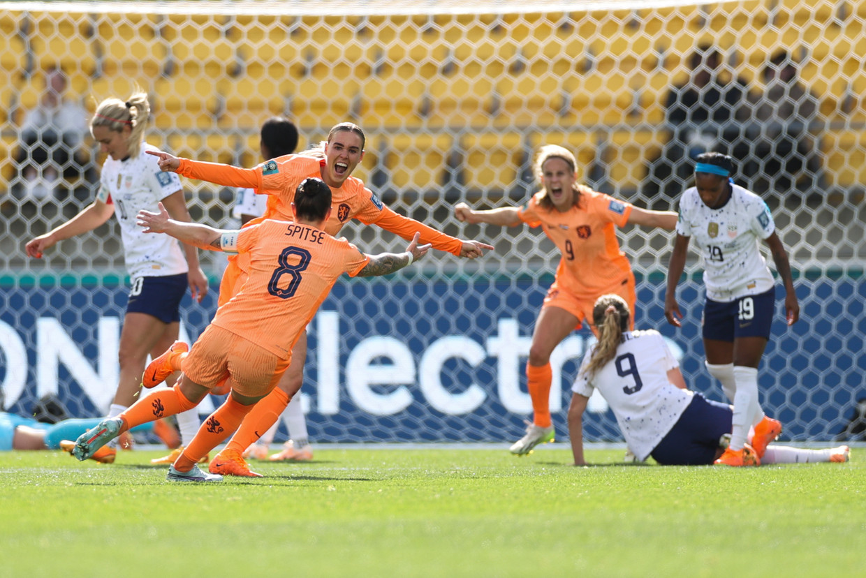 Jill Roord celebrates her 1-0 win over the USA with Sherida Spitz and Katja Snoijs.  AP photo